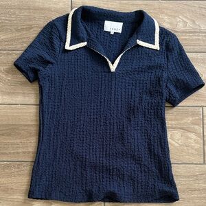 FRNZY Navy Blue Crinkle collared short sleeve women’s shirt Size L